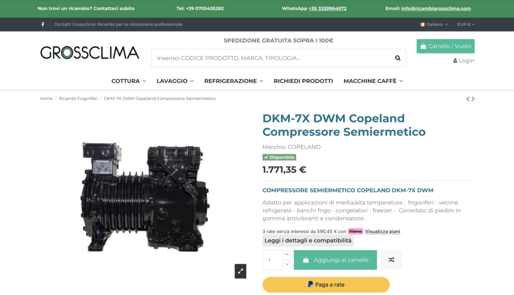 Scheda prodotto dell'eCommerce Grossclima: compressore Copeland con prezzo, disponibilità, pagamento a rate e pulsante Aggiungi al carrello